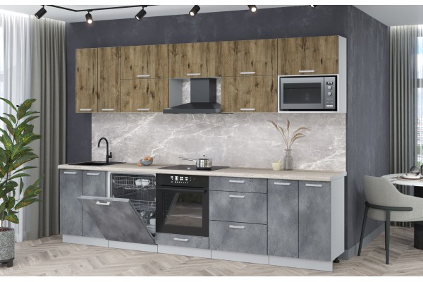 Кухонный гарнитур Мила Лайт 3,0-ПМ2 (Дуб веллингтон/Бетон портленд/Травертин) фабрика Интерлиния