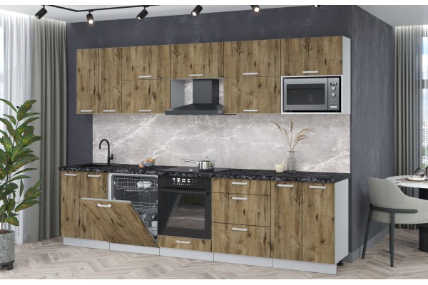 Кухонный гарнитур Мила Лайт 3,0-ПМ2 (Дуб веллингтон/Дуб веллингтон/Кастилло темный) фабрика Интерлиния