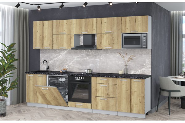 Кухонный гарнитур Мила Лайт 3,0-ПМ2 (Дуб золотой/Дуб золотой/Кастилло темный) фабрика Интерлиния