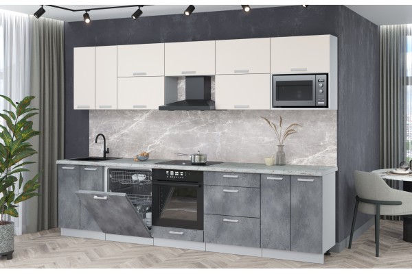 Кухонный гарнитур Мила Лайт 3,0-ПМ2 (Персидский жемчуг/Бетон портленд/Серый каспий) фабрика Интерлиния