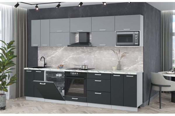Кухонный гарнитур Мила Лайт 3,0-ПМ2 (Серебро/Антрацит/Гранит белый) фабрика Интерлиния