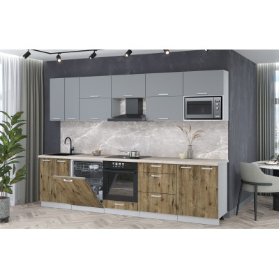 Кухонный гарнитур Мила Лайт 3,0-ПМ2 (Серебро/Дуб веллингтон/Травертин) фабрика Интерлиния Кухонный гарнитур Мила Лайт 3,0-ПМ2 (Серебро/Дуб веллингтон/Травертин) фабрика Интерлиния