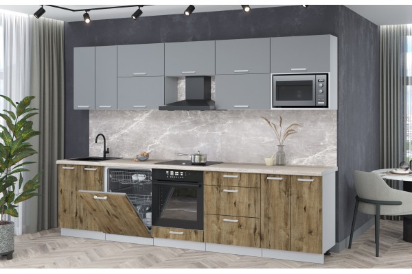 Кухонный гарнитур Мила Лайт 3,0-ПМ2 (Серебро/Дуб веллингтон/Травертин) фабрика Интерлиния