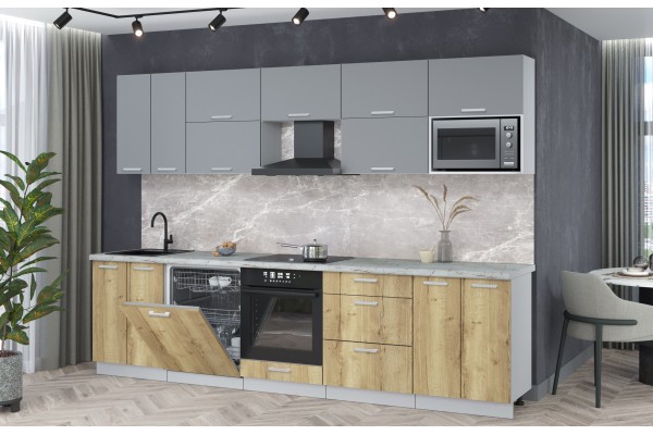 Кухонный гарнитур Мила Лайт 3,0-ПМ2 (Серебро/Дуб золотой/Серый каспий) фабрика Интерлиния