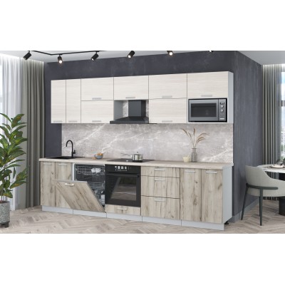 Кухонный гарнитур Мила Лайт 3,0-ПМ2 (Вудлайн кремовый/Дуб серый/Травертин) фабрика Интерлиния Кухонный гарнитур Мила Лайт 3,0-ПМ2 (Вудлайн кремовый/Дуб серый/Травертин) фабрика Интерлиния