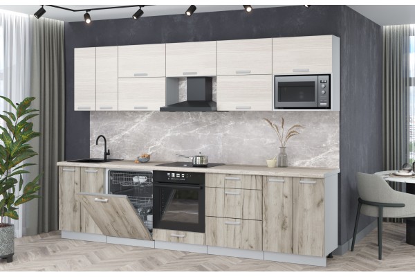 Кухонный гарнитур Мила Лайт 3,0-ПМ2 (Вудлайн кремовый/Дуб серый/Травертин) фабрика Интерлиния