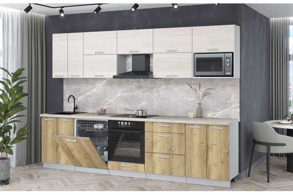 Кухонный гарнитур Мила Лайт 3,0-ПМ2 (Вудлайн кремовый/Дуб золотой/Травертин) фабрика Интерлиния