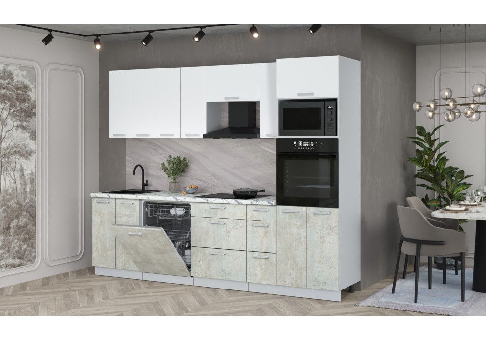 Кухонный гарнитур Мила Лайт 2,7-ПМ1 (Белый Платинум/Бетон лайт/Гранит белый) фабрика Интерлиния в Минске Кухонный гарнитур Мила Лайт 2,7-ПМ1 (Белый Платинум/Бетон лайт/Гранит белый) фабрика Интерлиния