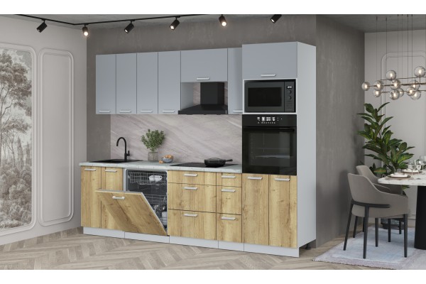 Кухонный гарнитур Мила Лайт 2,7-ПМ1 (Серебро/Дуб золотой /Серый каспий) фабрика Интерлиния