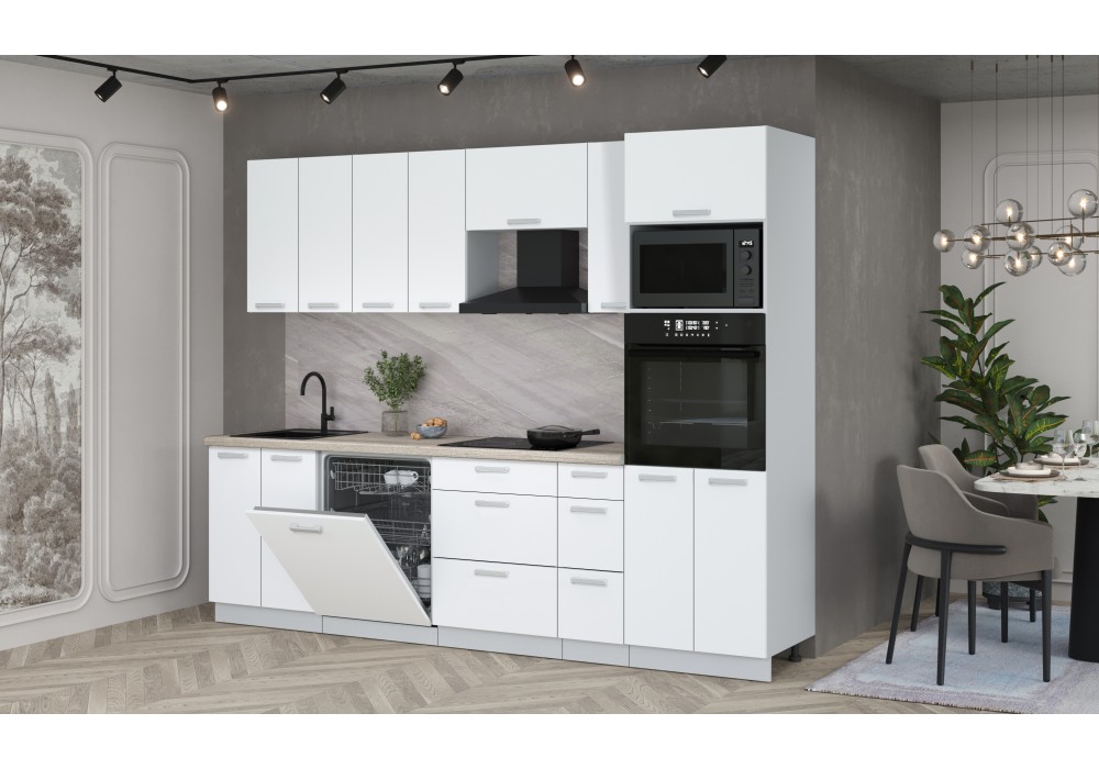 Кухонный гарнитур Мила Лайт 2,7-ПМ1 (Белый Платинум/Белый Платинум/Травертин) фабрика Интерлиния в Минске Кухонный гарнитур Мила Лайт 2,7-ПМ1 (Белый Платинум/Белый Платинум/Травертин) фабрика Интерлиния