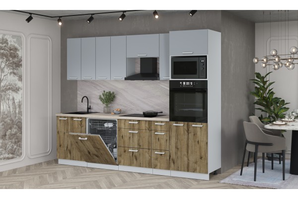 Кухонный гарнитур Мила Лайт 2,7-ПМ1 (Серебро/Дуб Веллингтон/Травертин) фабрика Интерлиния