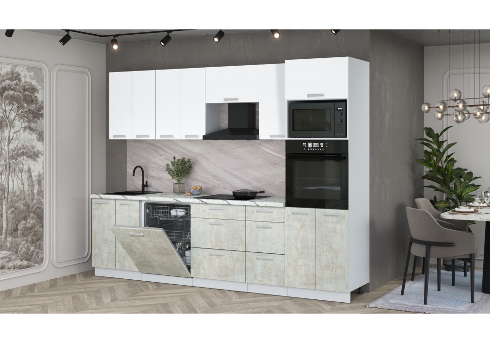 Кухонный гарнитур Мила Лайт 2,8-ПМ1 (Белый Платинум/Бетон лайт/Гранит белый) фабрика Интерлиния в Минске Кухонный гарнитур Мила Лайт 2,8-ПМ1 (Белый Платинум/Бетон лайт/Гранит белый) фабрика Интерлиния