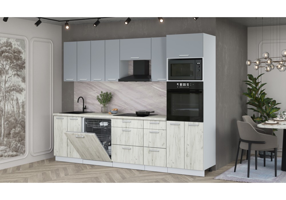 Кухонный гарнитур Мила Лайт 2,8-ПМ1 (Серебро/Дуб белый/Опал светлый) фабрика Интерлиния в Минске Кухонный гарнитур Мила Лайт 2,8-ПМ1 (Серебро/Дуб белый/Опал светлый) фабрика Интерлиния