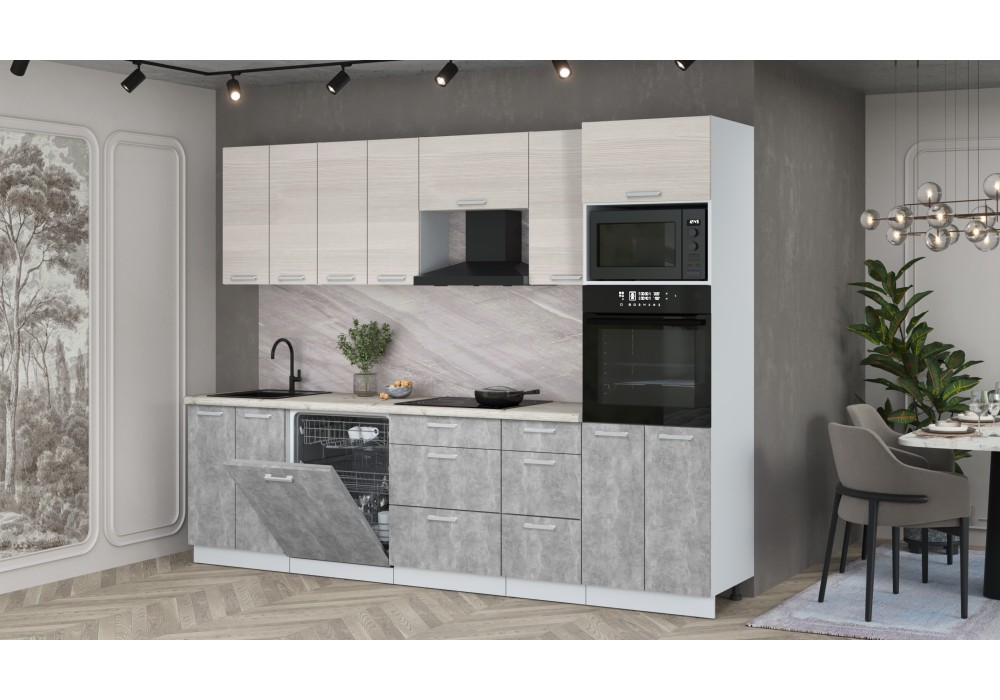 Кухонный гарнитур Мила Лайт 2,8-ПМ1 (Вудлайн кремовый/Бетон/Сосна бискайская) фабрика Интерлиния в Минске Кухонный гарнитур Мила Лайт 2,8-ПМ1 (Вудлайн кремовый/Бетон/Сосна бискайская) фабрика Интерлиния