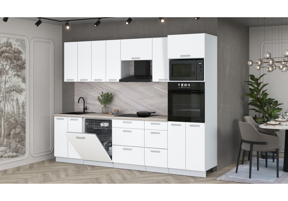 Кухонный гарнитур Мила Лайт 2,8-ПМ1 (Белый Платинум/Белый Платинум/Травертин) фабрика Интерлиния в Минске Кухонный гарнитур Мила Лайт 2,8-ПМ1 (Белый Платинум/Белый Платинум/Травертин) фабрика Интерлиния