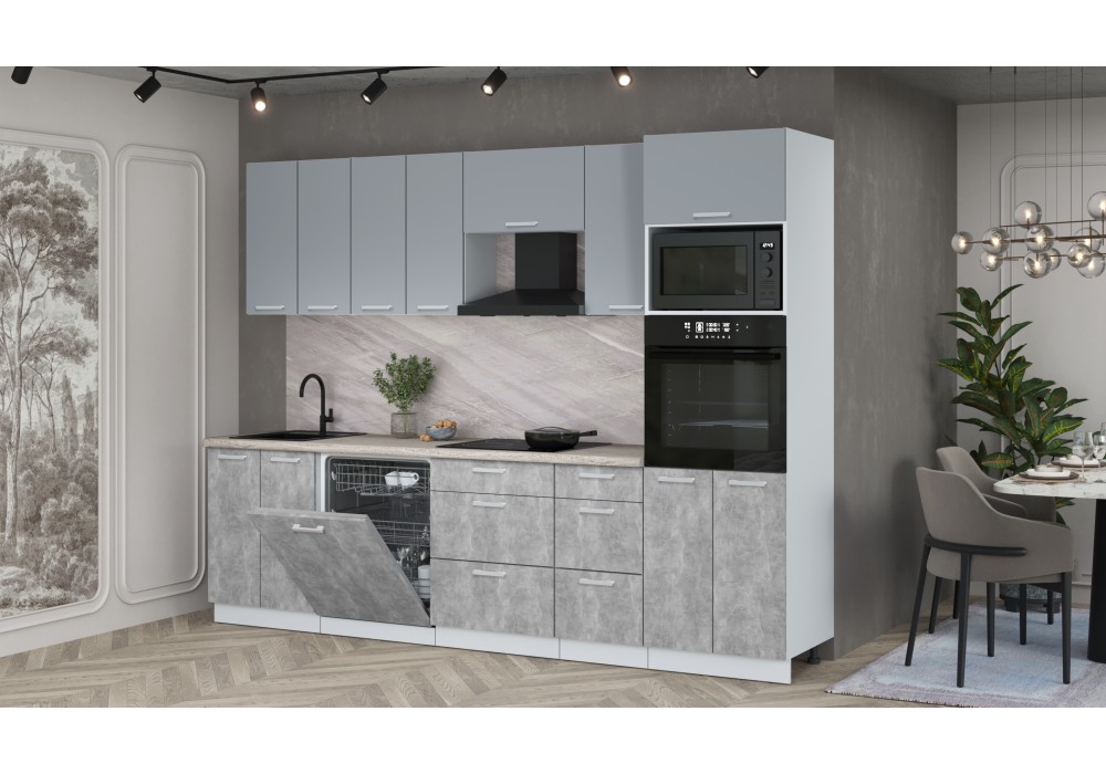 Кухонный гарнитур Мила Лайт 2,8-ПМ1 (Серебро/Бетон/Травертин) фабрика Интерлиния в Минске Кухонный гарнитур Мила Лайт 2,8-ПМ1 (Серебро/Бетон/Травертин) фабрика Интерлиния