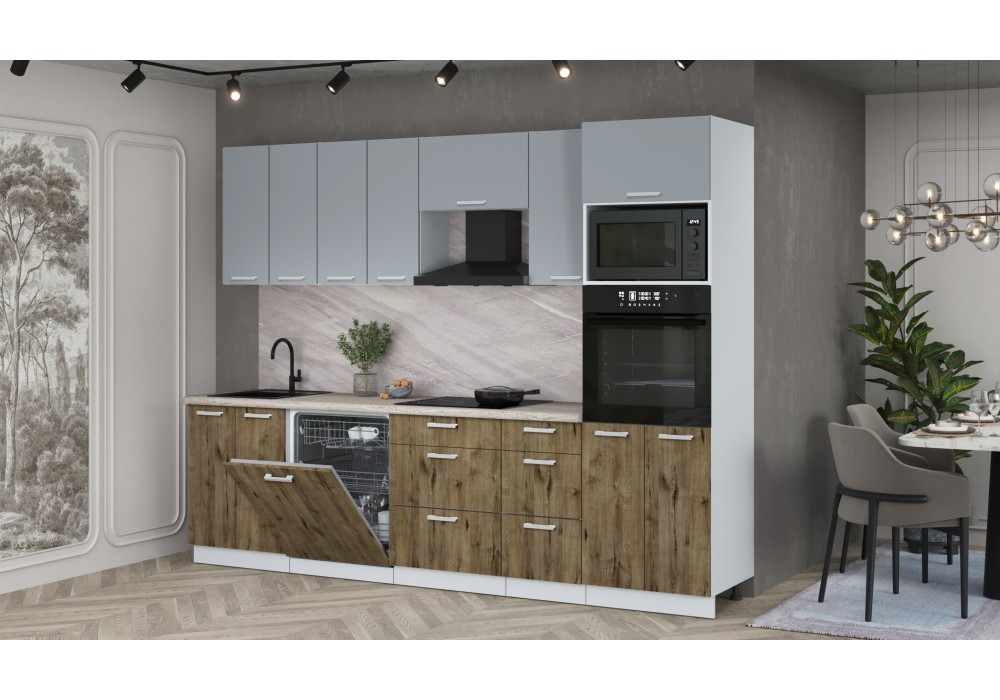 Кухонный гарнитур Мила Лайт 2,8-ПМ1 (Серебро/Дуб Веллингтон/Травертин) фабрика Интерлиния в Минске Кухонный гарнитур Мила Лайт 2,8-ПМ1 (Серебро/Дуб Веллингтон/Травертин) фабрика Интерлиния