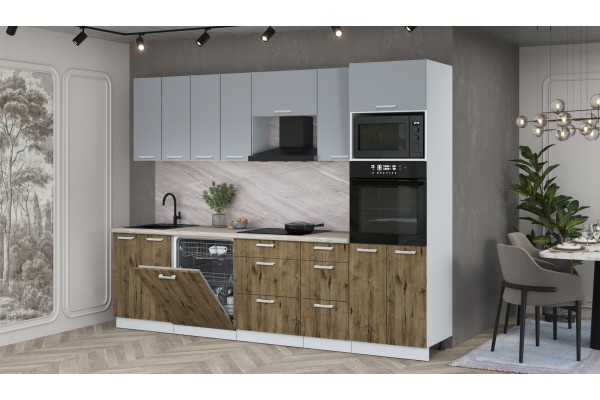 Кухонный гарнитур Мила Лайт 2,8-ПМ1 (Серебро/Дуб Веллингтон/Травертин) фабрика Интерлиния