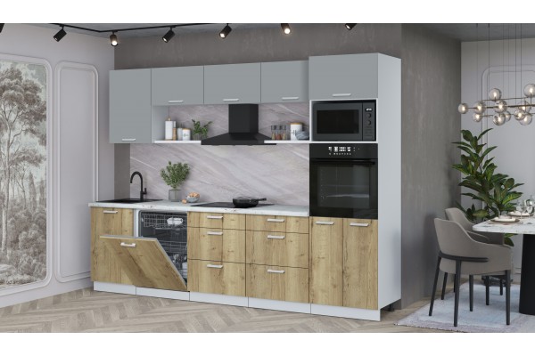 Кухонный гарнитур Мила Лайт 2,9-ПМ1 (Серебро/Дуб золотой/Серый каспий) фабрика Интерлиния