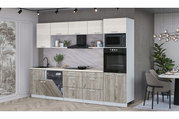 Кухонный гарнитур Мила Лайт 2,9-ПМ1 (Вудлайн кремовый/Дуб серый/Травертин) фабрика Интерлиния