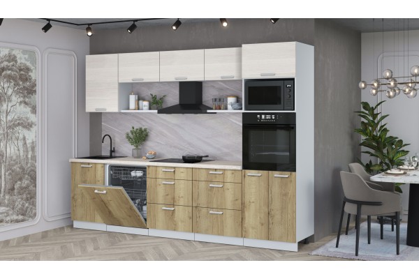 Кухонный гарнитур Мила Лайт 2,9-ПМ1 (Вудлайн кремовый/Дуб золотой/Травертин) фабрика Интерлиния