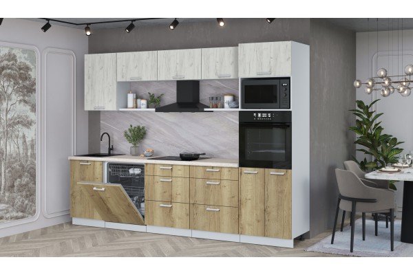 Кухонный гарнитур Мила Лайт 2,9-ПМ1 (Дуб белый/Дуб золотой/Травертин) фабрика Интерлиния