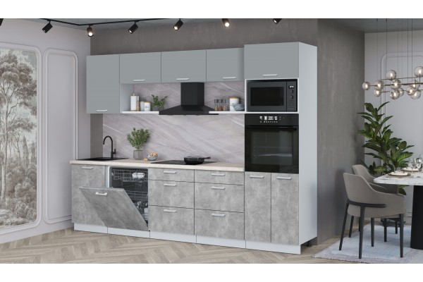 Кухонный гарнитур Мила Лайт 2,9-ПМ1 (Серебро/Бетон/Травертин) фабрика Интерлиния