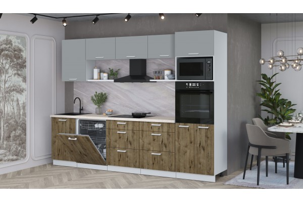 Кухонный гарнитур Мила Лайт 2,9-ПМ1 (Серебро/Дуб Веллингтон/Травертин) фабрика Интерлиния