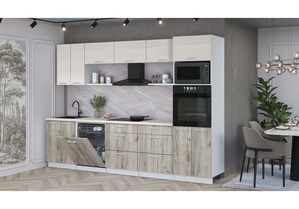 Кухонный гарнитур Мила Лайт 3.0-ПМ1 (Вудлайн кремовый/Дуб серый/Травертин) фабрика Интерлиния в Минске Кухонный гарнитур Мила Лайт 3.0-ПМ1 (Вудлайн кремовый/Дуб серый/Травертин) фабрика Интерлиния