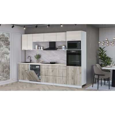 Кухонный гарнитур Мила Лайт 3.0-ПМ1 (Вудлайн кремовый/Дуб серый/Травертин) фабрика Интерлиния Кухонный гарнитур Мила Лайт 3.0-ПМ1 (Вудлайн кремовый/Дуб серый/Травертин) фабрика Интерлиния