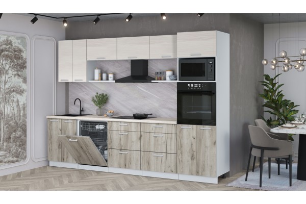 Кухонный гарнитур Мила Лайт 3.0-ПМ1 (Вудлайн кремовый/Дуб серый/Травертин) фабрика Интерлиния