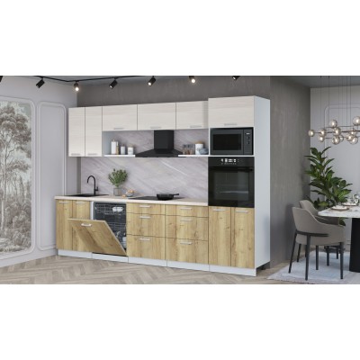 Кухонный гарнитур Мила Лайт 3.0-ПМ1 (Вудлайн кремовый/Дуб золотой/Травертин) фабрика Интерлиния Кухонный гарнитур Мила Лайт 3.0-ПМ1 (Вудлайн кремовый/Дуб золотой/Травертин) фабрика Интерлиния