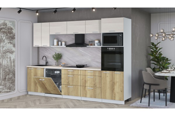 Кухонный гарнитур Мила Лайт 3.0-ПМ1 (Вудлайн кремовый/Дуб золотой/Травертин) фабрика Интерлиния