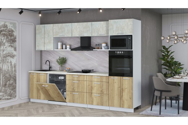 Кухонный гарнитур Мила Лайт 3.0-ПМ1 (Бетон Лайт/Дуб золотой/Опал светлый) фабрика Интерлиния