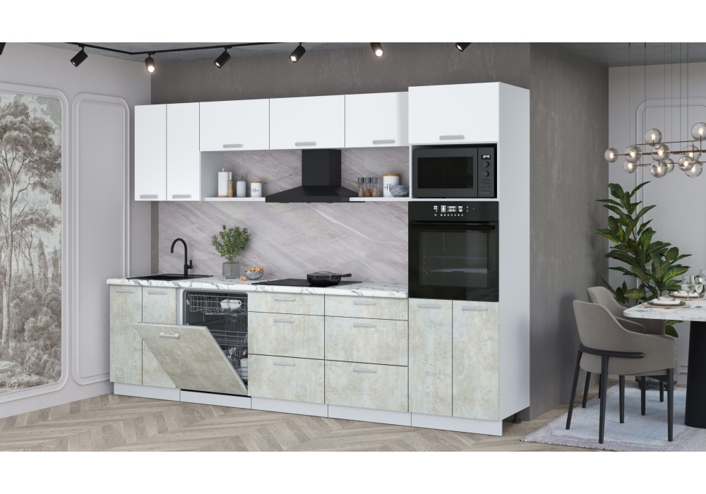 Кухонный гарнитур Мила Лайт 3.0-ПМ1 (Белый Платинум/Бетон лайт/Гранит белый) фабрика Интерлиния в Минске Кухонный гарнитур Мила Лайт 3.0-ПМ1 (Белый Платинум/Бетон лайт/Гранит белый) фабрика Интерлиния