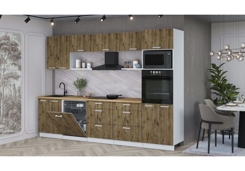 Кухонный гарнитур Мила Лайт 3.0-ПМ1 (Дуб Веллингтон/Дуб Веллингтон/Дуб бунратти) фабрика Интерлиния в Минске Кухонный гарнитур Мила Лайт 3.0-ПМ1 (Дуб Веллингтон/Дуб Веллингтон/Дуб бунратти) фабрика Интерлиния