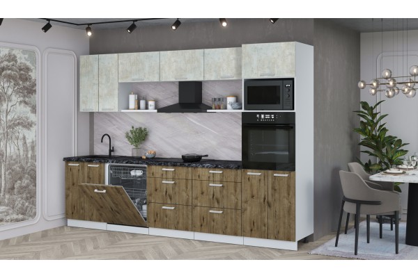 Кухонный гарнитур Мила Лайт 3.0-ПМ1 (Бетон Лайт/Дуб Веллингтон/Кастилло темный) фабрика Интерлиния