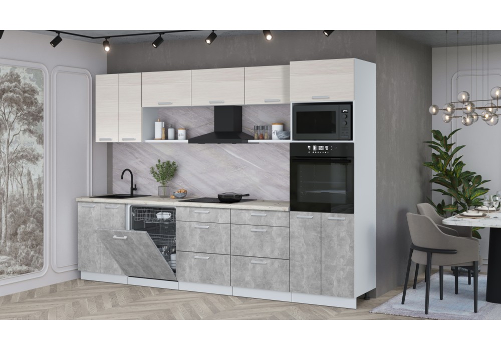 Кухонный гарнитур Мила Лайт 3.0-ПМ1 (Вудлайн кремовый/Бетон/Сосна бискайская) фабрика Интерлиния в Минске Кухонный гарнитур Мила Лайт 3.0-ПМ1 (Вудлайн кремовый/Бетон/Сосна бискайская) фабрика Интерлиния