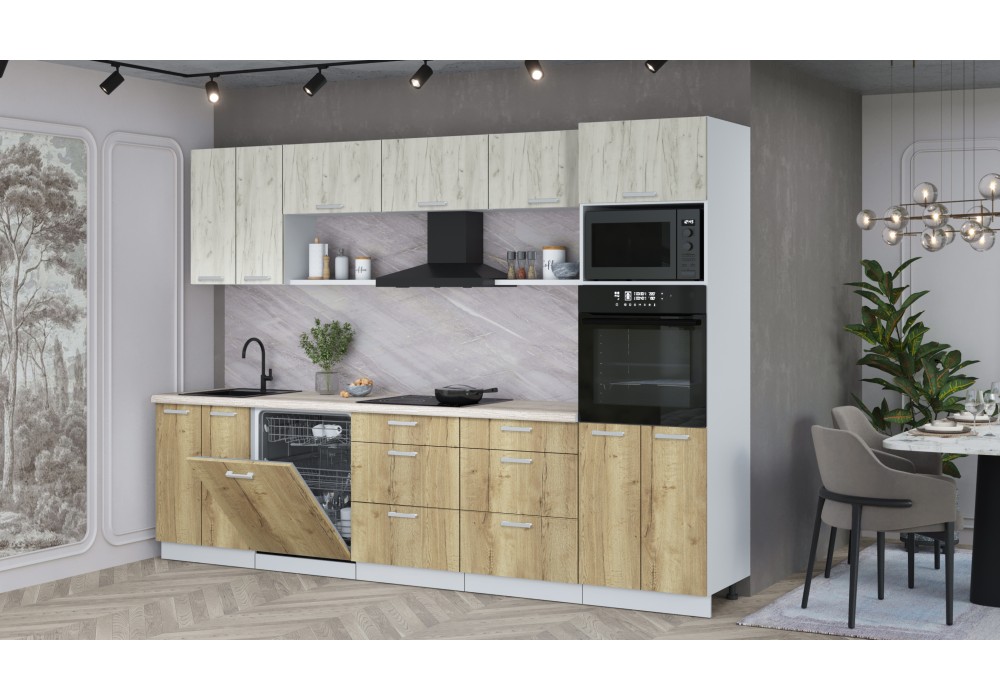 Кухонный гарнитур Мила Лайт 3.0-ПМ1 (Дуб Белый/Дуб золотой/Травертин) фабрика Интерлиния в Минске Кухонный гарнитур Мила Лайт 3.0-ПМ1 (Дуб Белый/Дуб золотой/Травертин) фабрика Интерлиния