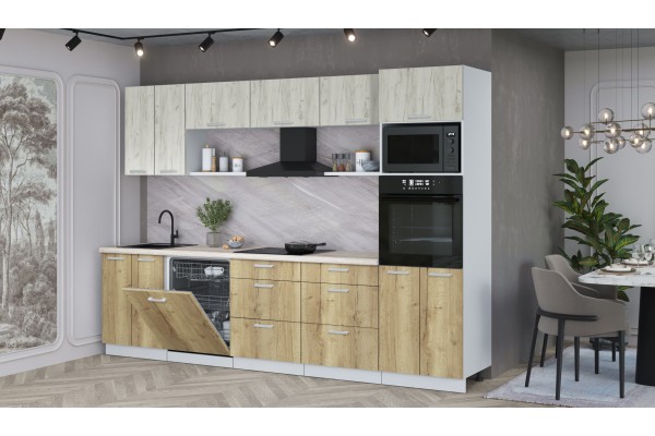 Кухонный гарнитур Мила Лайт 3.0-ПМ1 (Дуб Белый/Дуб золотой/Травертин) фабрика Интерлиния