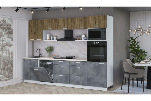 Кухонный гарнитур Мила Лайт 3.0-ПМ1 (Дуб Веллингтон/Бетон Портленд/Травертин) фабрика Интерлиния