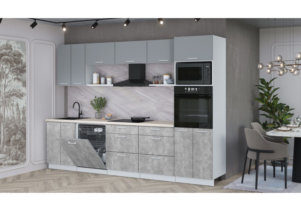 Кухонный гарнитур Мила Лайт 3.0-ПМ1 (Серебро /Бетон/Травертин) фабрика Интерлиния в Минске Кухонный гарнитур Мила Лайт 3.0-ПМ1 (Серебро /Бетон/Травертин) фабрика Интерлиния