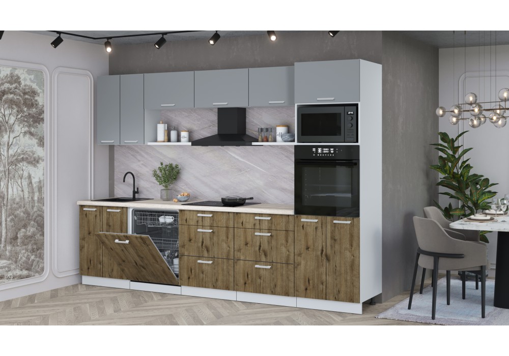 Кухонный гарнитур Мила Лайт 3.0-ПМ1 (Серебро /Дуб Веллингтон/Травертин) фабрика Интерлиния в Минске Кухонный гарнитур Мила Лайт 3.0-ПМ1 (Серебро /Дуб Веллингтон/Травертин) фабрика Интерлиния