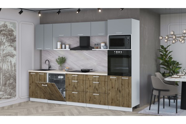 Кухонный гарнитур Мила Лайт 3.0-ПМ1 (Серебро /Дуб Веллингтон/Травертин) фабрика Интерлиния