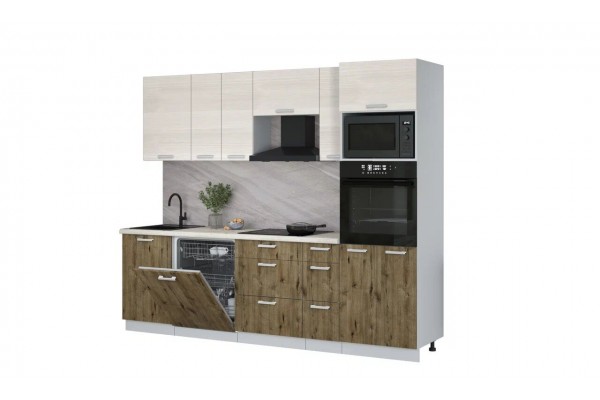 Кухонный гарнитур Мила Лайт 2,6-ПМ1 (Вудлайн кремовый/Дуб Веллингтон/Сосна бискайская) фабрика Интерлиния